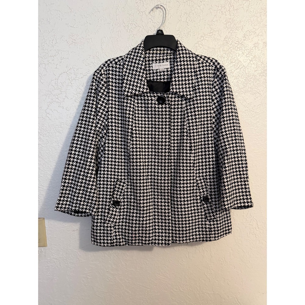Erin London Women Houndstooth 3/4 Sleeve Button Front Jacket Large Old Hollywood